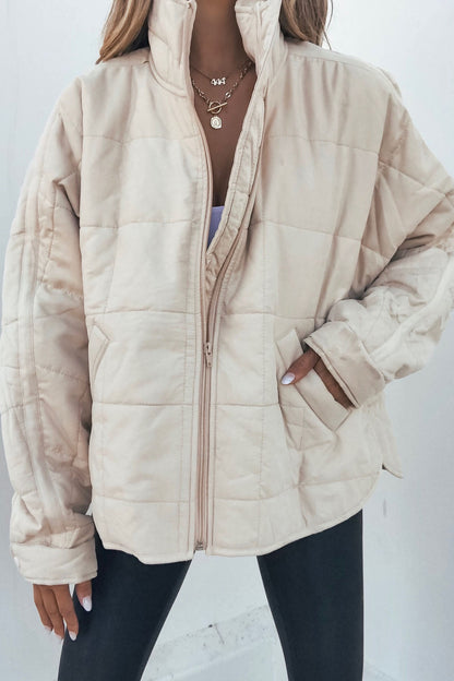 Beige Quilted Zip Up Puffer Jacket - Magnolia Boutique