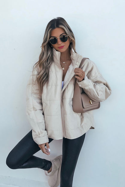 Beige Quilted Zip Up Puffer Jacket - Magnolia Boutique