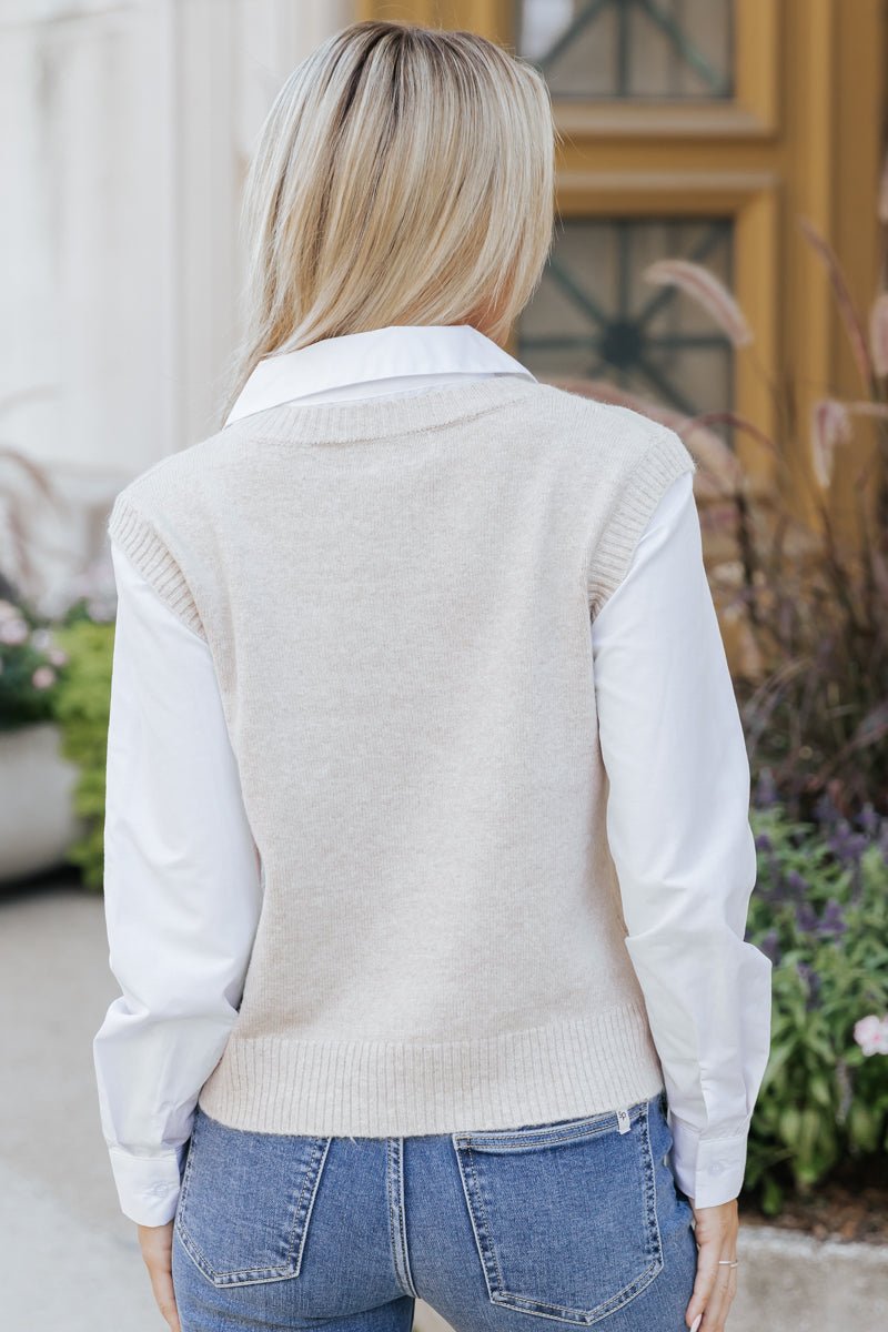 Beige Sweater Vest Dress Shirt - Magnolia Boutique