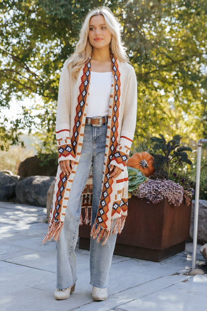 Beige Tribal Print Fringe Duster Cardigan - Magnolia Boutique