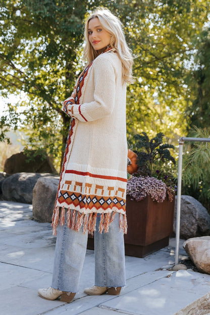 Beige Tribal Print Fringe Duster Cardigan - Magnolia Boutique