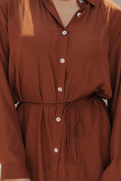 Belted Button Down Satin Romper - Brown - Magnolia Boutique