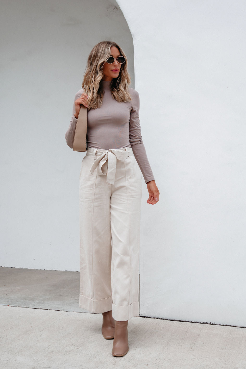 Belted Wide Leg Cuffed Pants - Natural - Magnolia Boutique