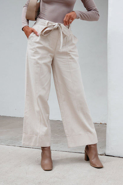 Belted Wide Leg Cuffed Pants - Natural - Magnolia Boutique