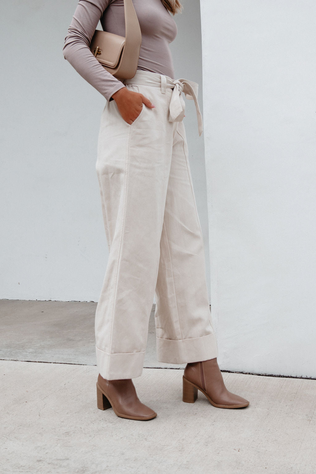 Belted Wide Leg Cuffed Pants - Natural - Magnolia Boutique