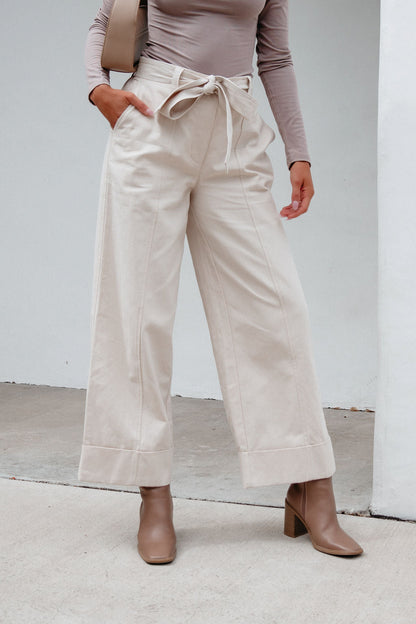 Belted Wide Leg Cuffed Pants - Natural - Magnolia Boutique