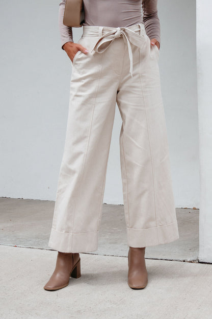 Belted Wide Leg Cuffed Pants - Natural - Magnolia Boutique