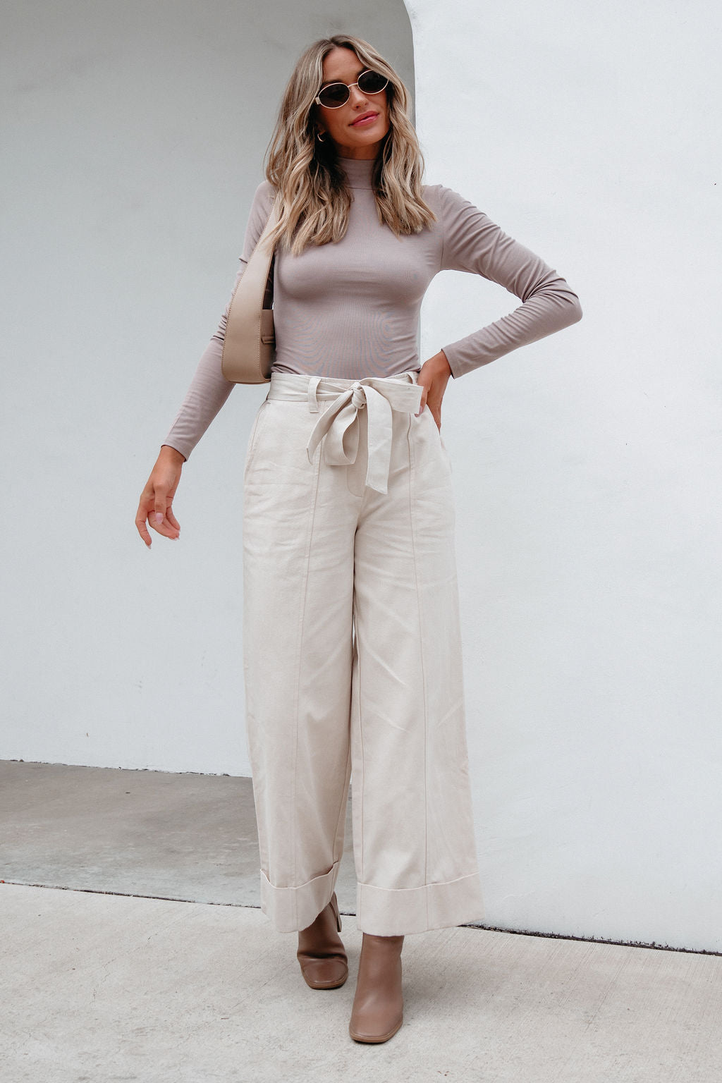 Belted Wide Leg Cuffed Pants - Natural - Magnolia Boutique