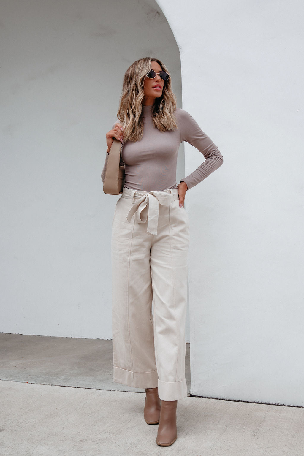 Belted Wide Leg Cuffed Pants - Natural - Magnolia Boutique