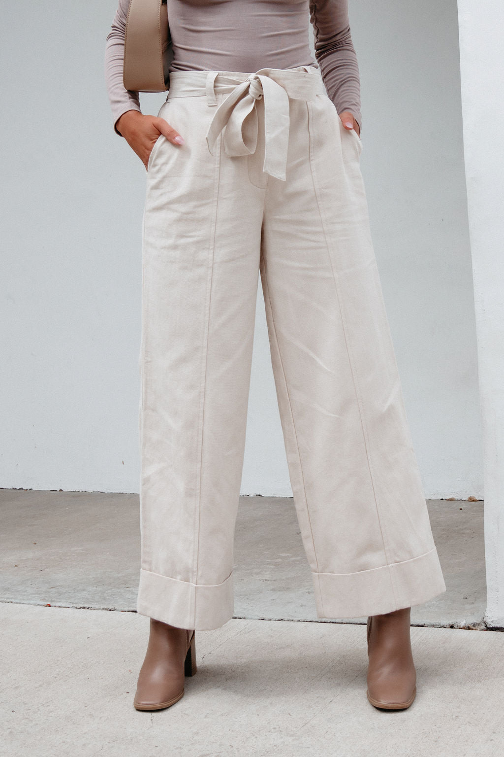 Belted Wide Leg Cuffed Pants - Natural - Magnolia Boutique