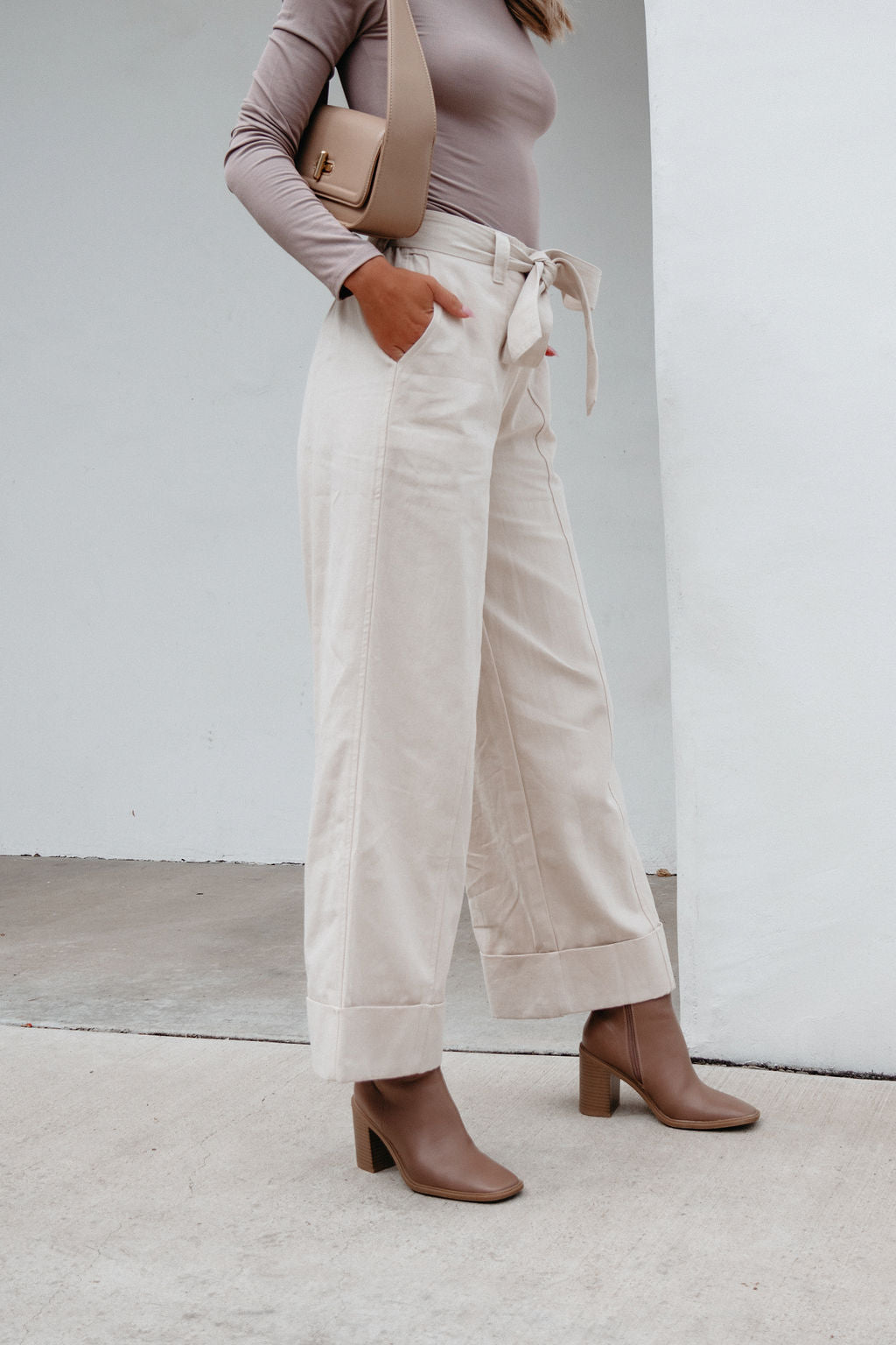 Belted Wide Leg Cuffed Pants - Natural - Magnolia Boutique