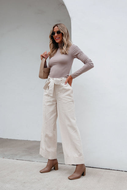 Belted Wide Leg Cuffed Pants - Natural - Magnolia Boutique