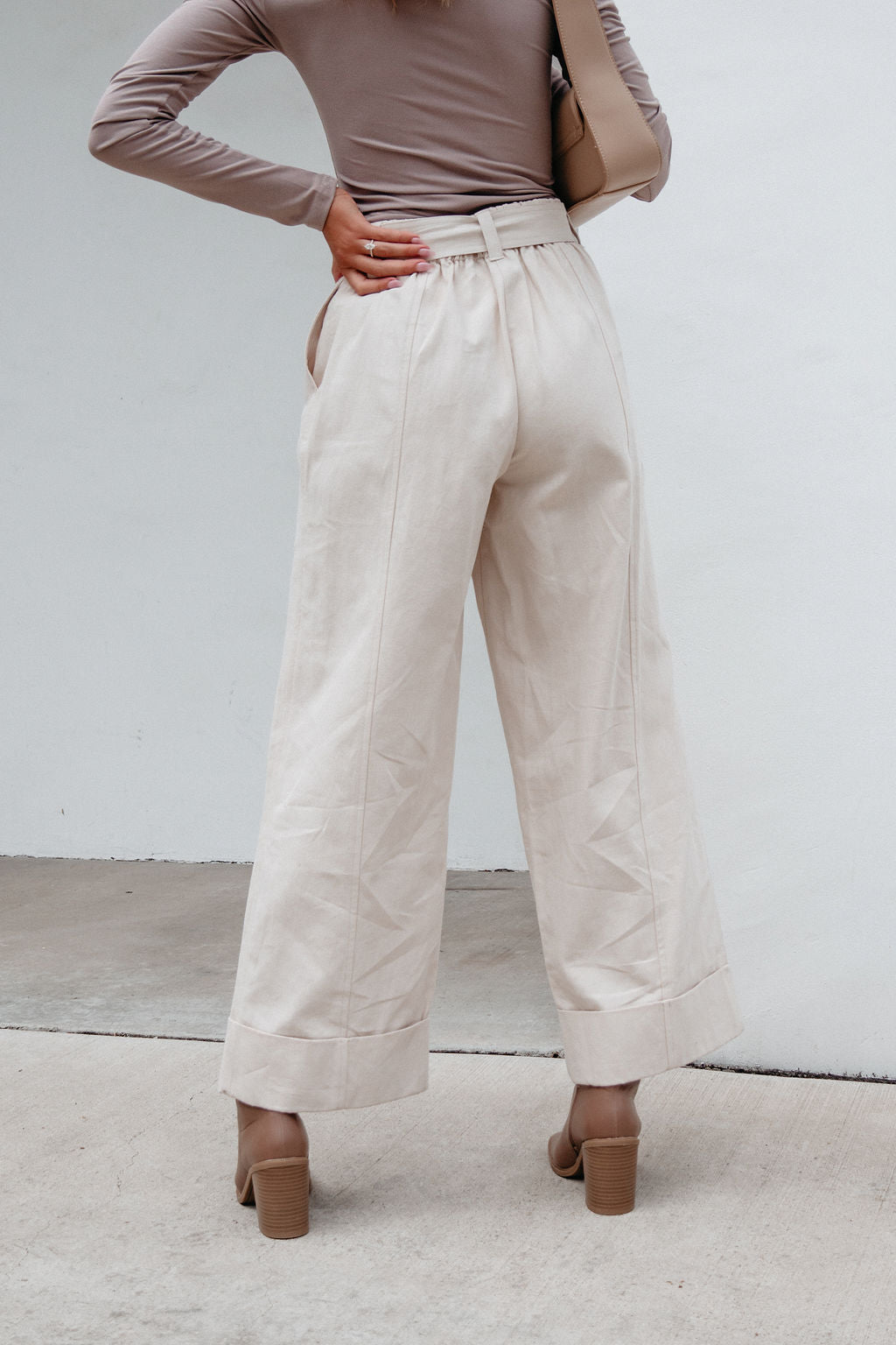 Belted Wide Leg Cuffed Pants - Natural - Magnolia Boutique