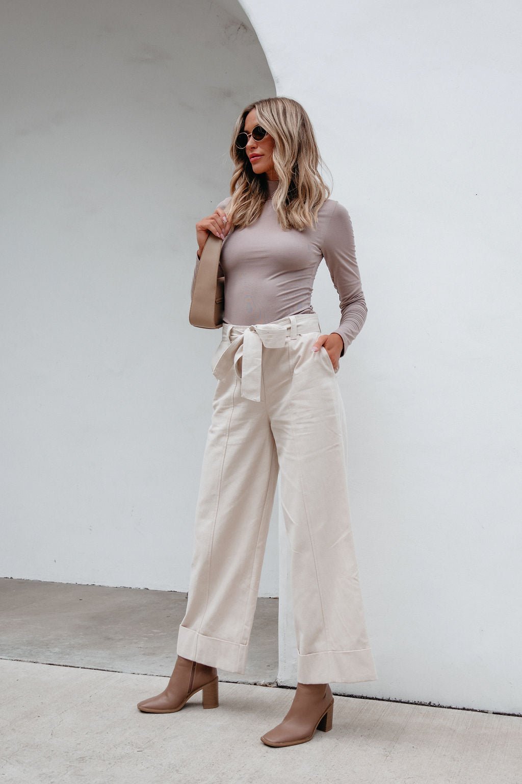 Belted Wide Leg Cuffed Pants - Natural - Magnolia Boutique