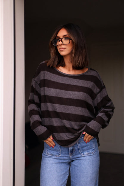 Black and Charcoal Striped Sweater - Magnolia Boutique