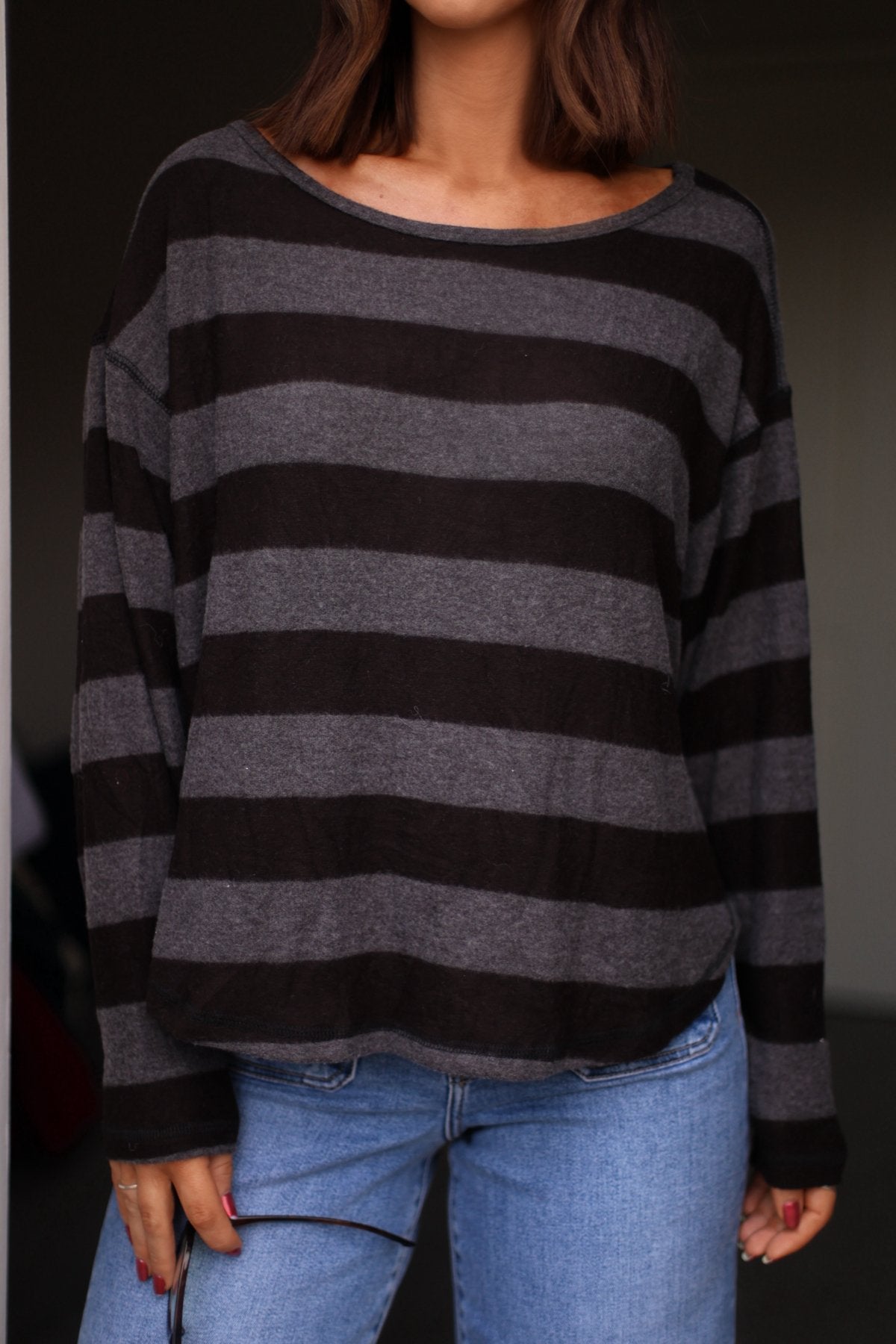 Black and Charcoal Striped Sweater - Magnolia Boutique