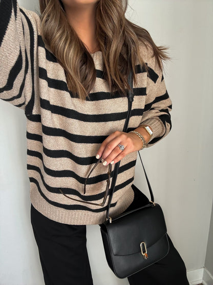 Black and Mocha Striped Pullover Sweater - Magnolia Boutique