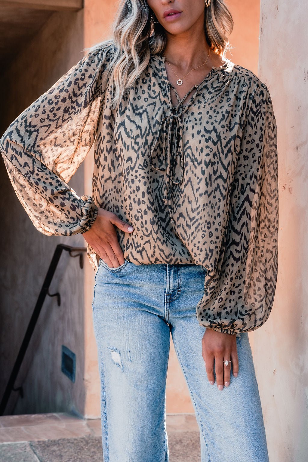 Black and Tan Print Tie Detail Top - Magnolia Boutique