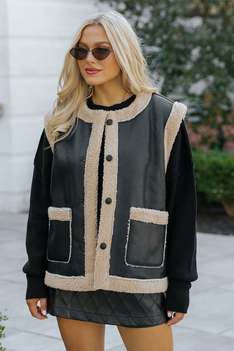 Black and Tan Sherpa Button Up Vest - Magnolia Boutique