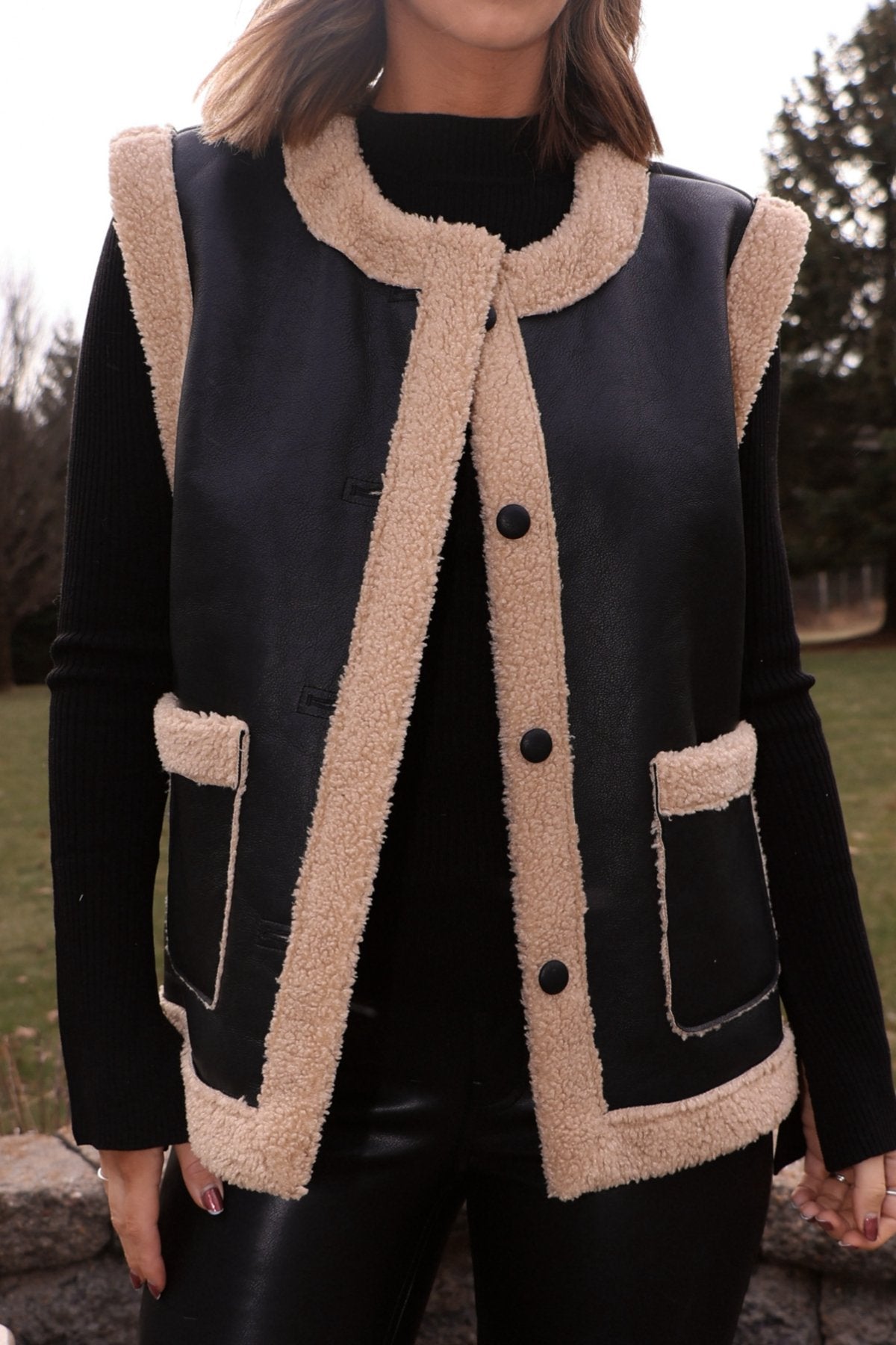 Black and Tan Sherpa Button Up Vest - Magnolia Boutique