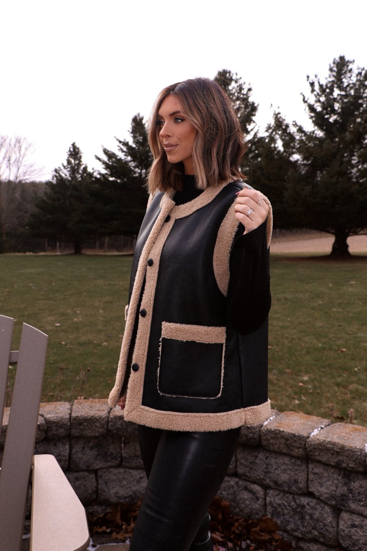 Black and Tan Sherpa Button Up Vest - Magnolia Boutique