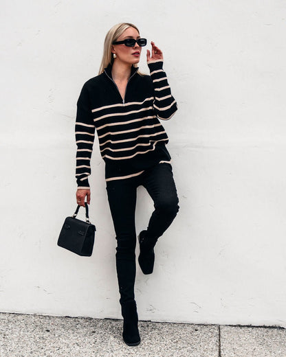 Black and Taupe Striped Zip Up Sweater - Magnolia Boutique