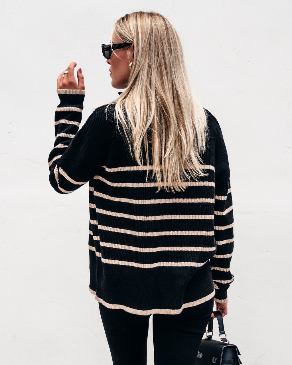 Black and Taupe Striped Zip Up Sweater - Magnolia Boutique