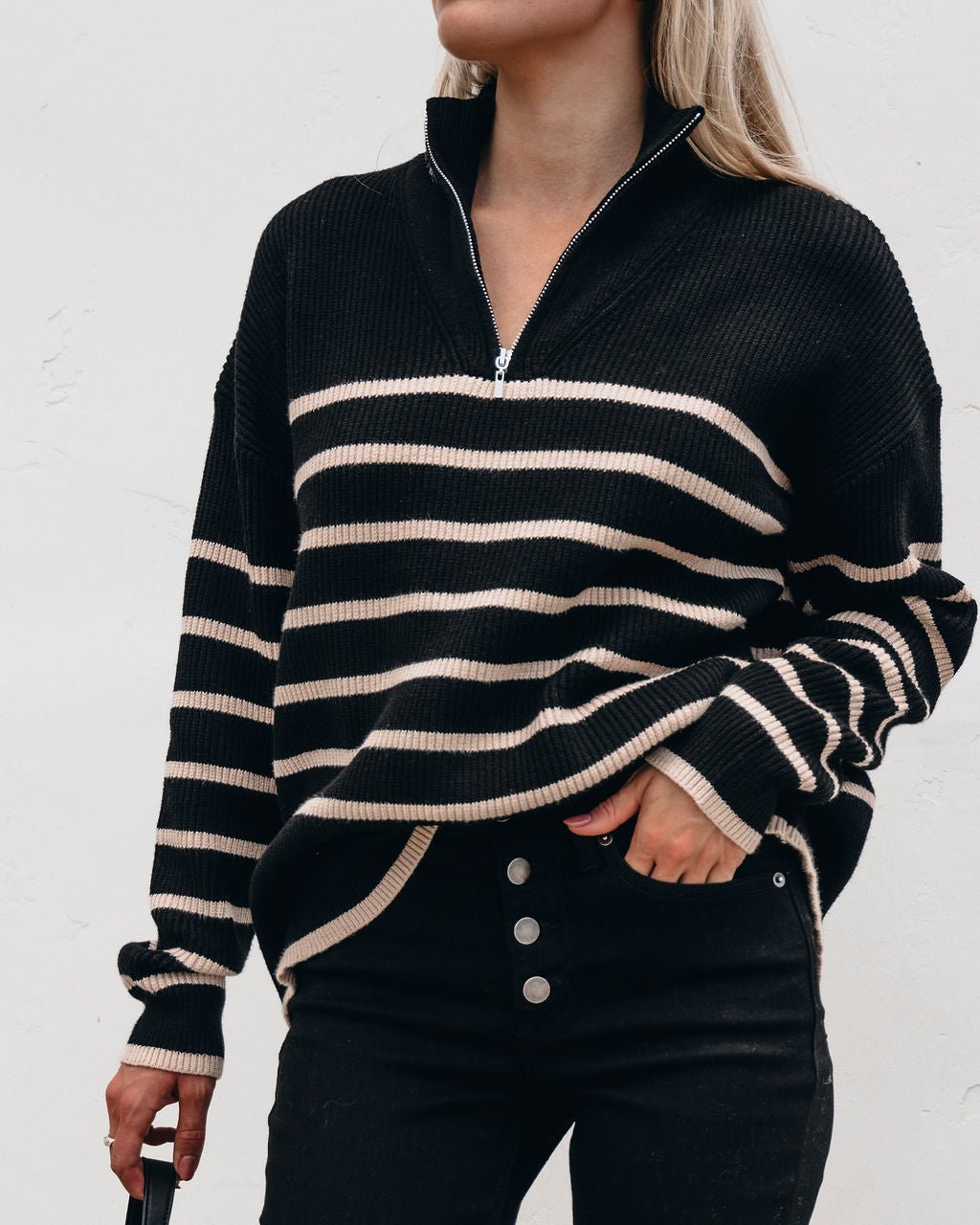 Black and Taupe Striped Zip Up Sweater - Magnolia Boutique