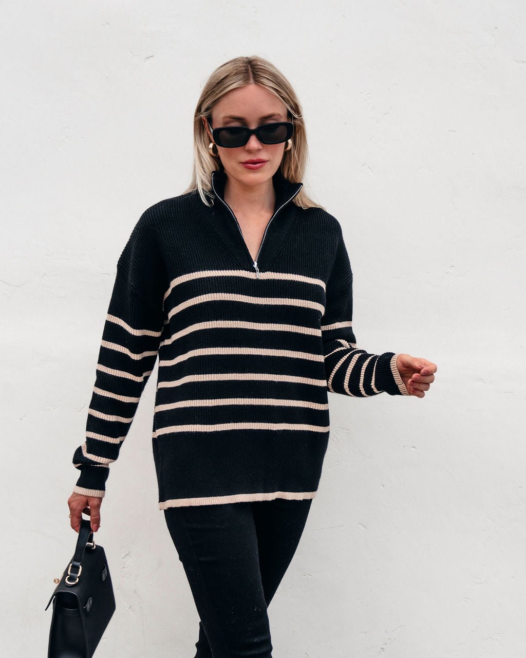 Black and Taupe Striped Zip Up Sweater - Magnolia Boutique