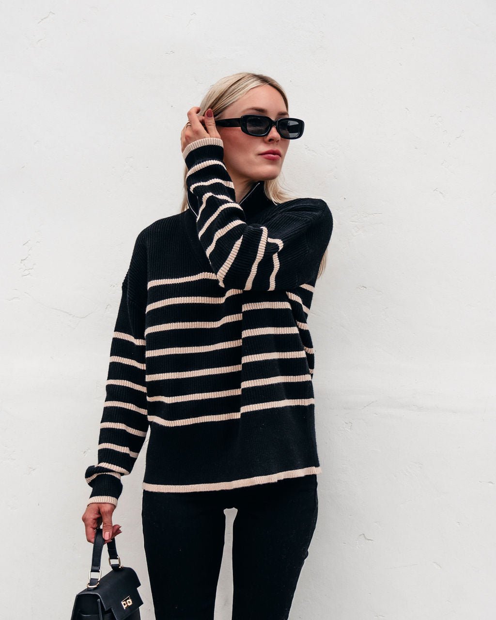 Black and Taupe Striped Zip Up Sweater - Magnolia Boutique