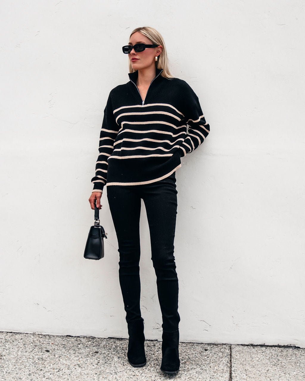 Black and Taupe Striped Zip Up Sweater - Magnolia Boutique