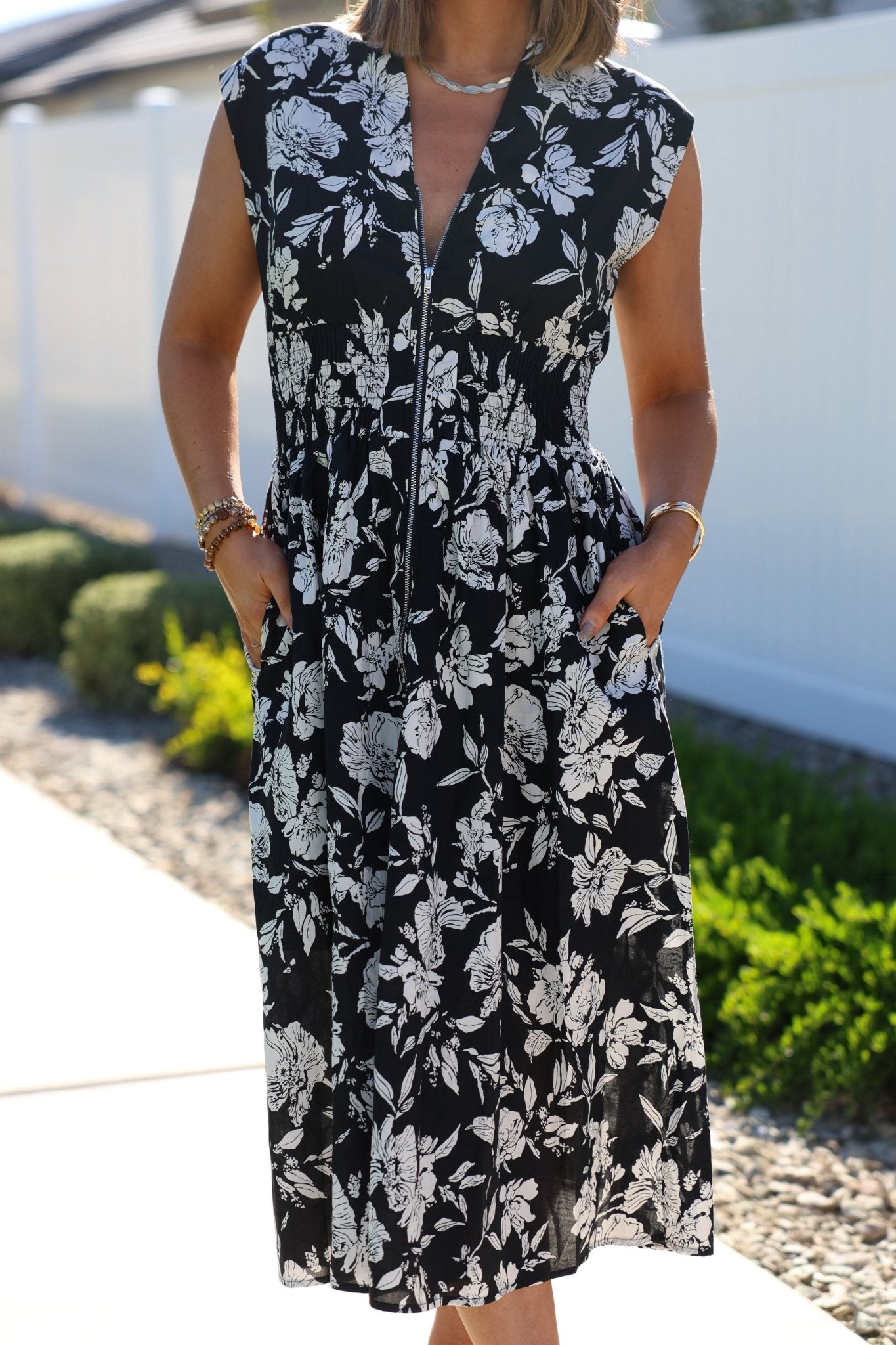 Black and White Floral Print Smocked Midi Dress Black and White Floral Print Smocked Midi Dress
