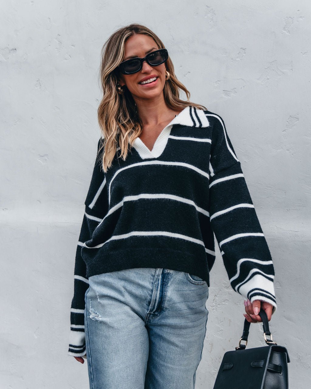 Black and White Stripe Collared Sweater - Magnolia Boutique