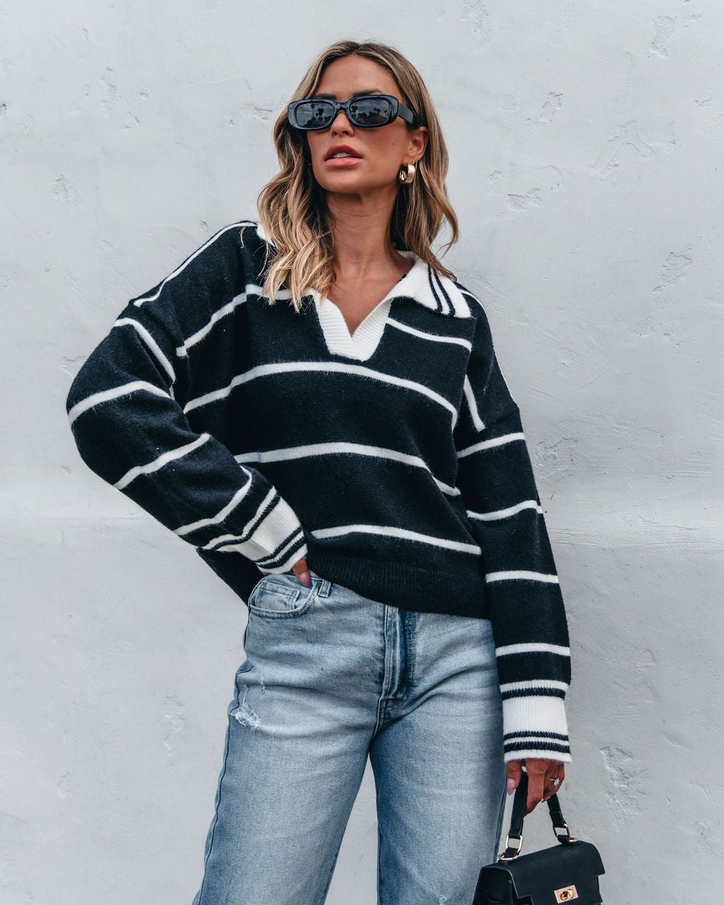 Black and White Stripe Collared Sweater - Magnolia Boutique