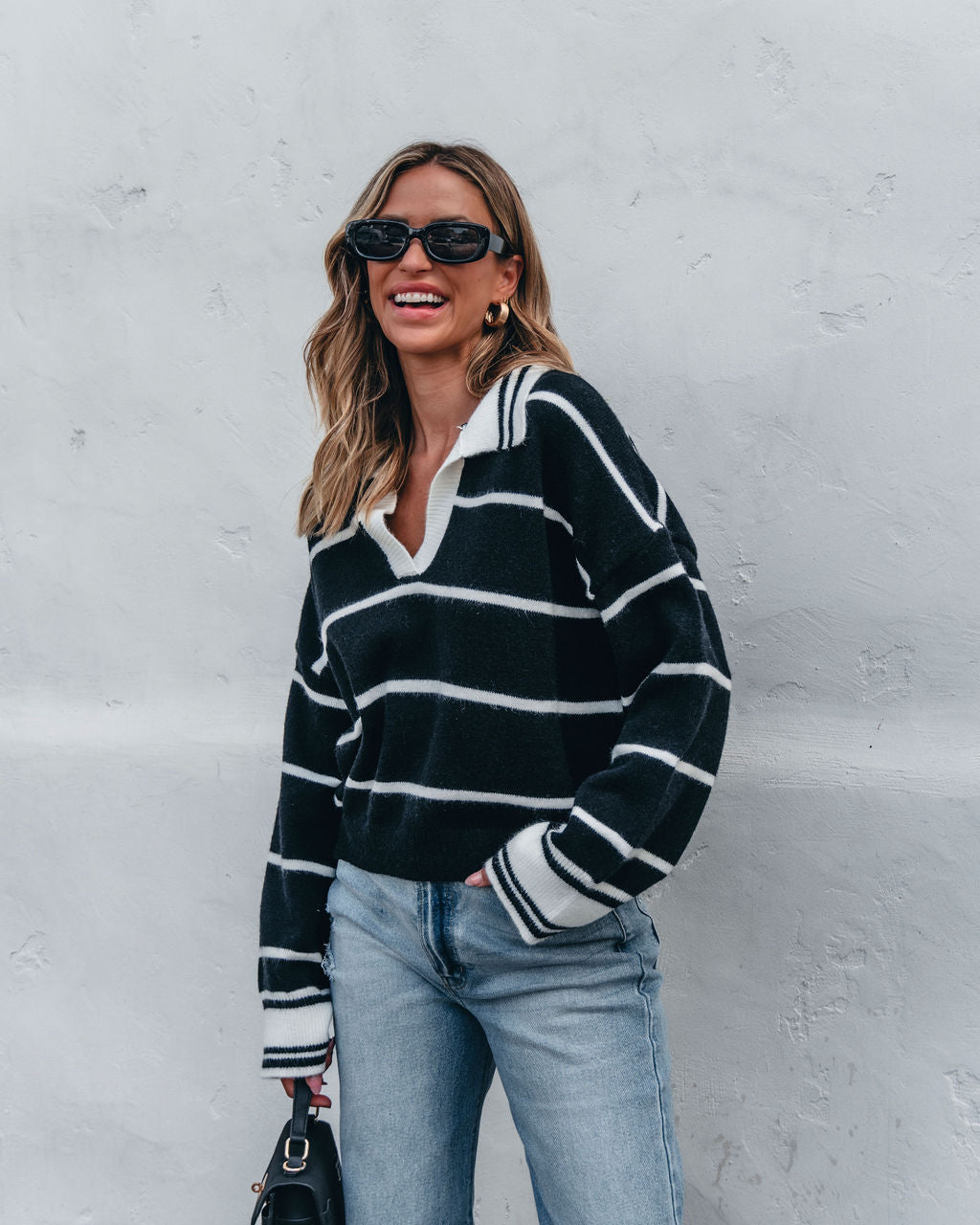 Black and White Stripe Collared Sweater - Magnolia Boutique