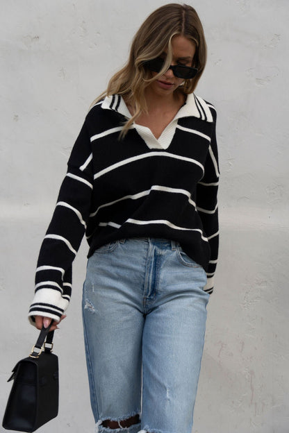 Black and White Stripe Collared Sweater - Magnolia Boutique