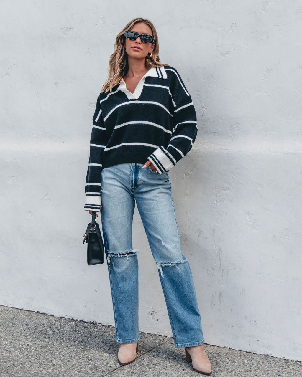 Black and White Stripe Collared Sweater - Magnolia Boutique