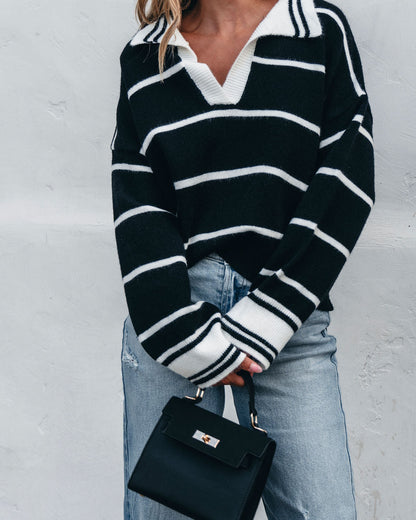 Black and White Stripe Collared Sweater - Magnolia Boutique