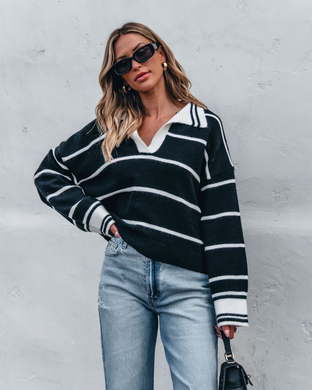 Black and White Stripe Collared Sweater - Magnolia Boutique