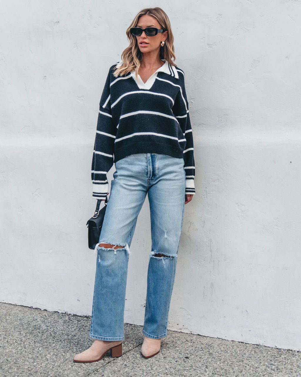 Black and White Stripe Collared Sweater - Magnolia Boutique