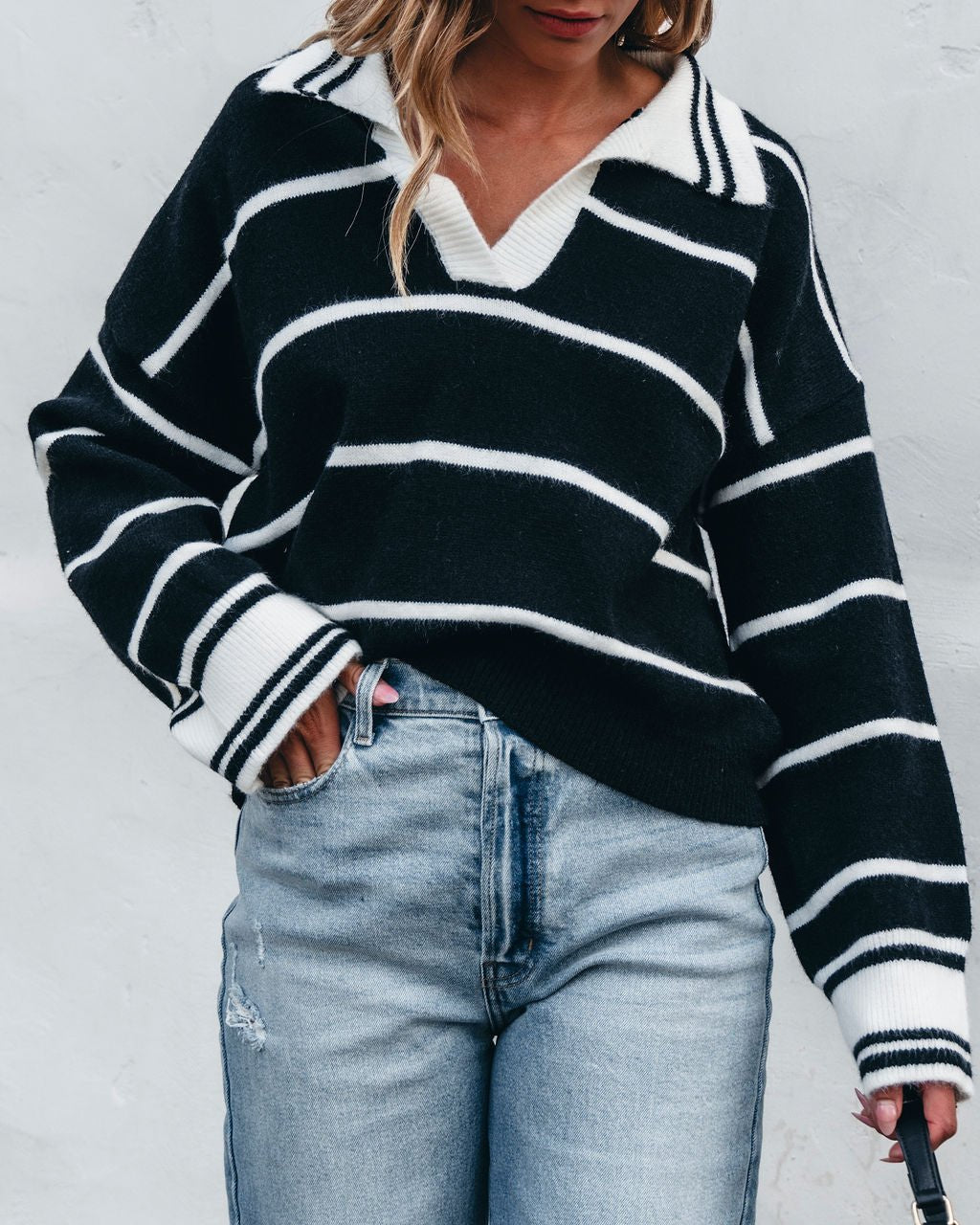 Black and White Stripe Collared Sweater - Magnolia Boutique