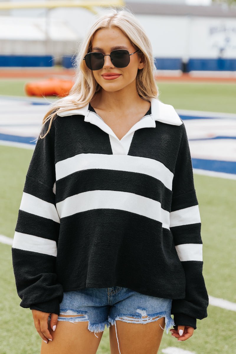 Black and White Stripe French Terry Sweater - Magnolia Boutique