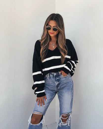 Black and White Striped V Neck Sweater - Magnolia Boutique