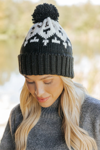 Black Aztec Pom Pom Beanie - Magnolia Boutique