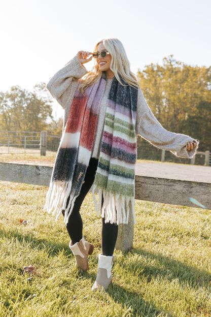 Black Brushed Multi Stripe Fringe Scarf - Magnolia Boutique