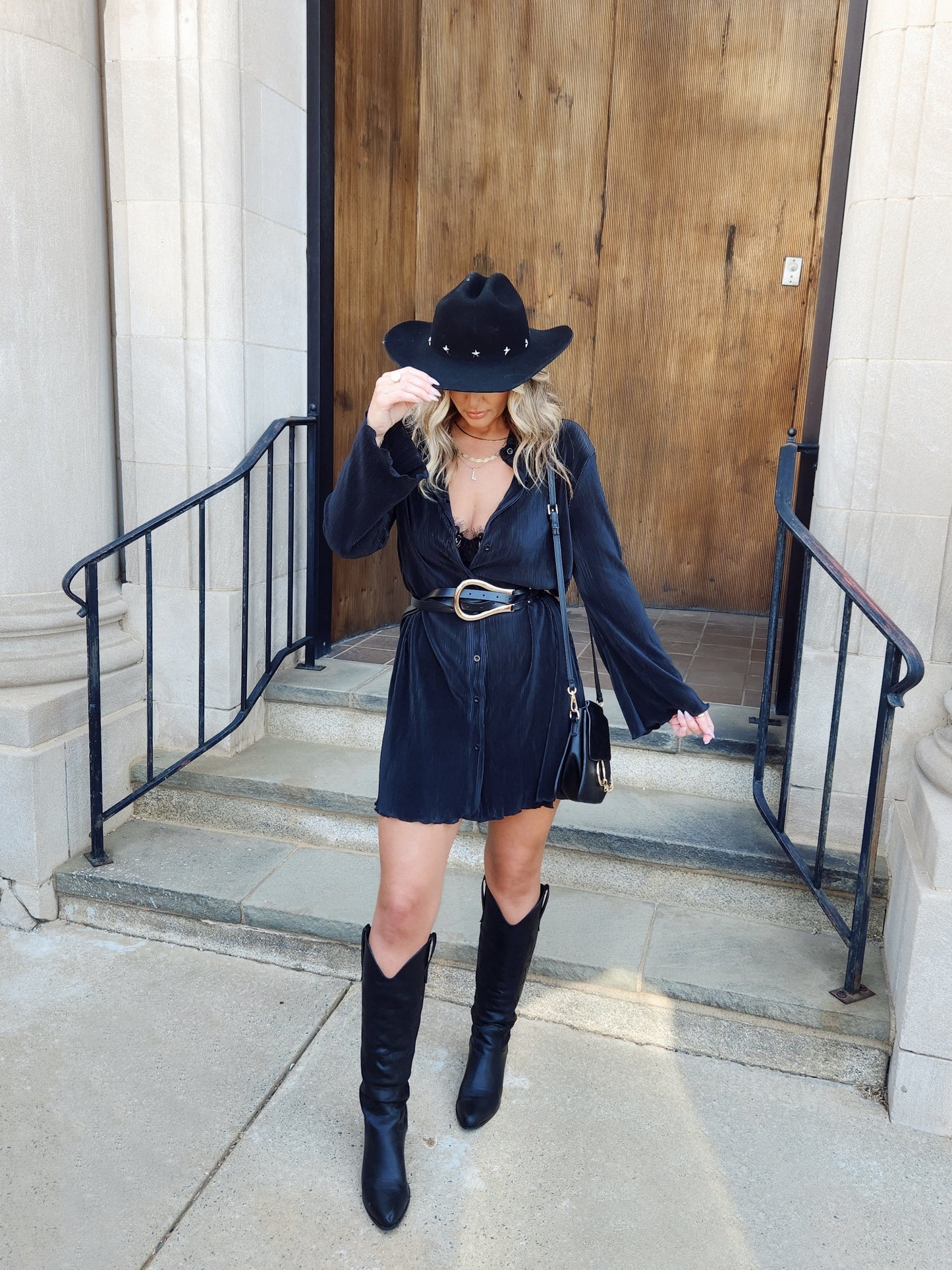 Black Button Down Belted Mini Dress
