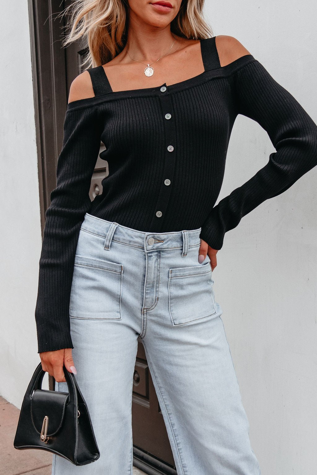 Black Cold Shoulder Button Up Sweater - Magnolia Boutique