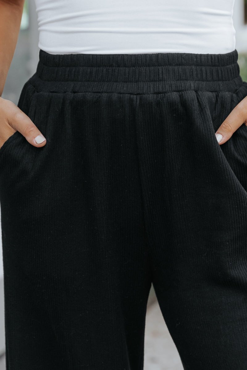 Black Elastic Waist Ribbed Pants - Magnolia Boutique