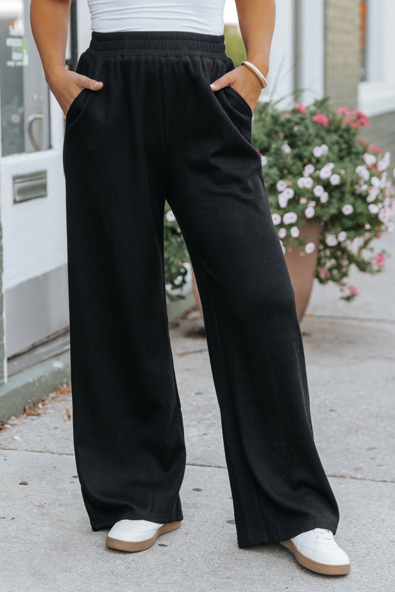 Black Elastic Waist Ribbed Pants - Magnolia Boutique