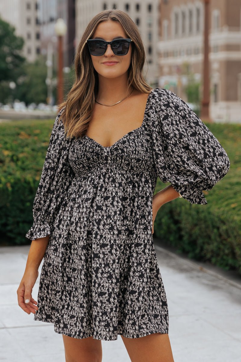 Black Floral Print Sweetheart Mini Dress - Magnolia Boutique